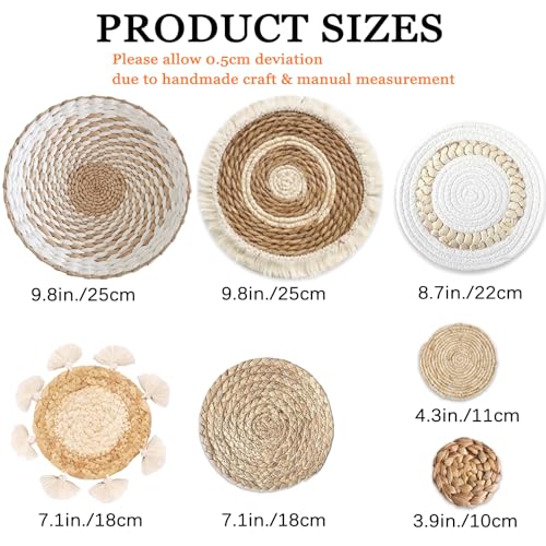 Dimpola 7 Pack Boho Wall Basket Decor - Seagrass Rattan Wicker Wall Decor Round Handmade Hanging Rustic Flat Elegant Wall Art for Farmhouse Living Rooms Bedrooms Display Table Settings Kitchen Home - Image 3
