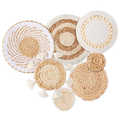Dimpola 7 Pack Boho Wall Basket Decor - Seagrass Rattan Wicker Wall Decor Round Handmade Hanging Rustic Flat Elegant Wall Art for Farmhouse Living Rooms Bedrooms Display Table Settings Kitchen Home - Image 1