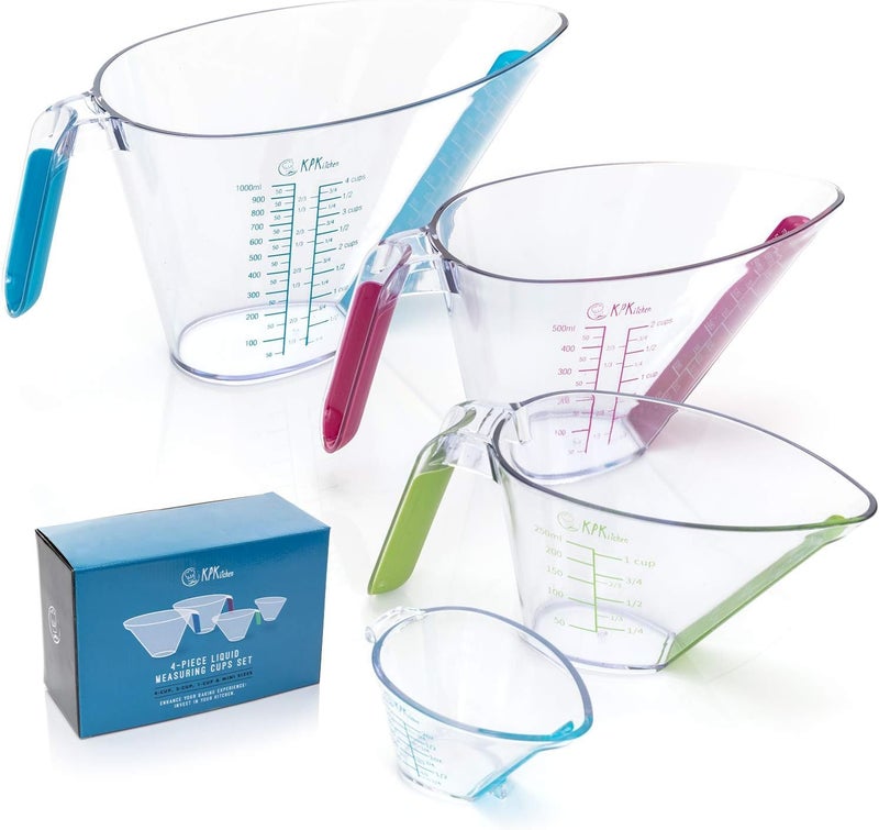 4Piece Angled Liquid Measuring Cups Plastic Set  Mini Oz 1 2 and 4 Plastic Measuring Cup Sizes  Measuring Cups For Liquids with ML  Cups Measures  KPKitchen Small  Large Measure Cup