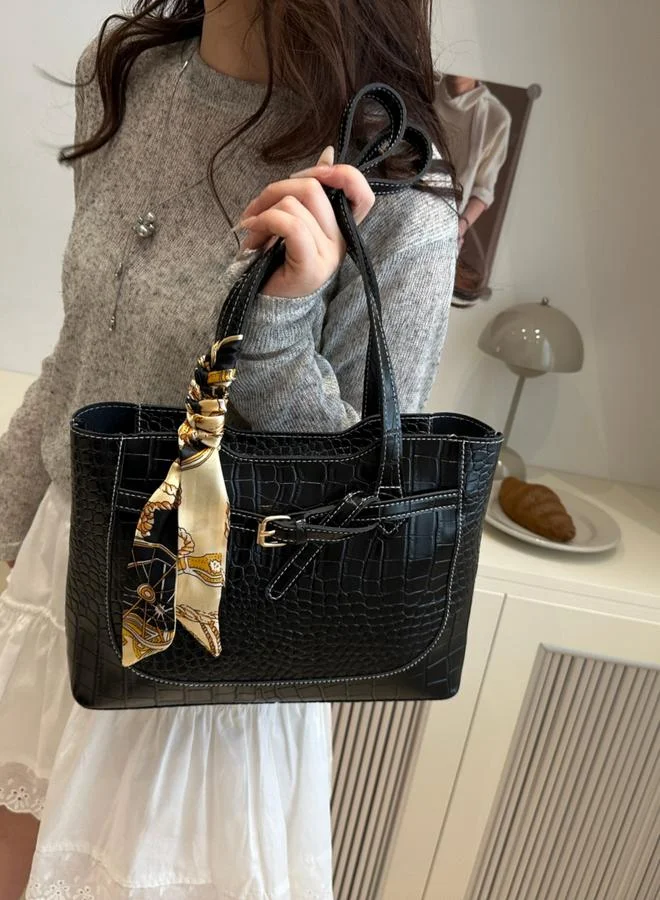Take Two  Black Croc-Embossed Shoulder Bag with Scarf Accent for Women | Best Price UAE