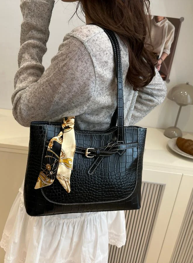 Take Two  Black Croc-Embossed Shoulder Bag with Scarf Accent for Women | Best Price UAE