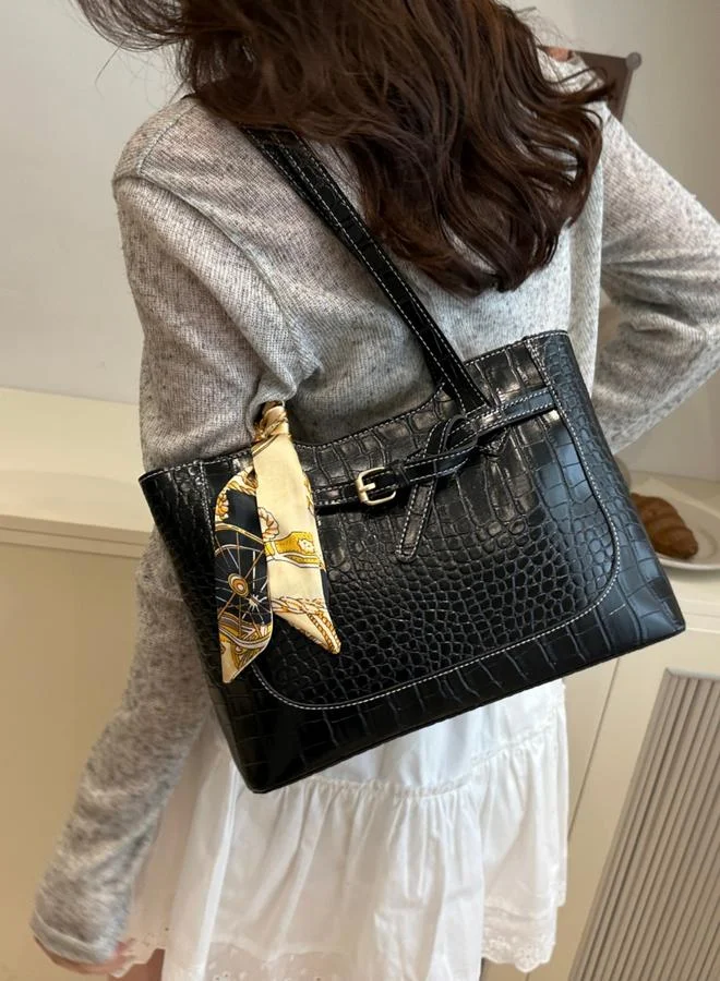 Take Two  Black Croc-Embossed Shoulder Bag with Scarf Accent for Women | Best Price UAE