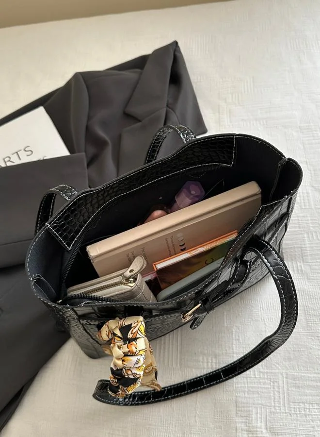 Take Two  Black Croc-Embossed Shoulder Bag with Scarf Accent for Women | Best Price UAE