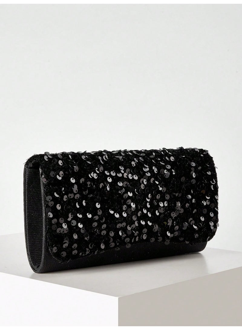 Women Black Sequin Evening Clutch Bag, Sparkly Party Handbag With Detachable Chain, Wedding Banquet Formal Purse - Image 3