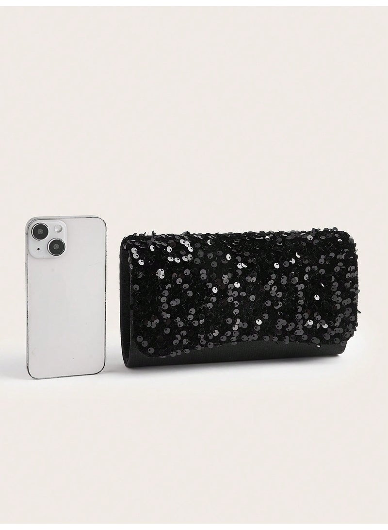 Women Black Sequin Evening Clutch Bag, Sparkly Party Handbag With Detachable Chain, Wedding Banquet Formal Purse - Image 5