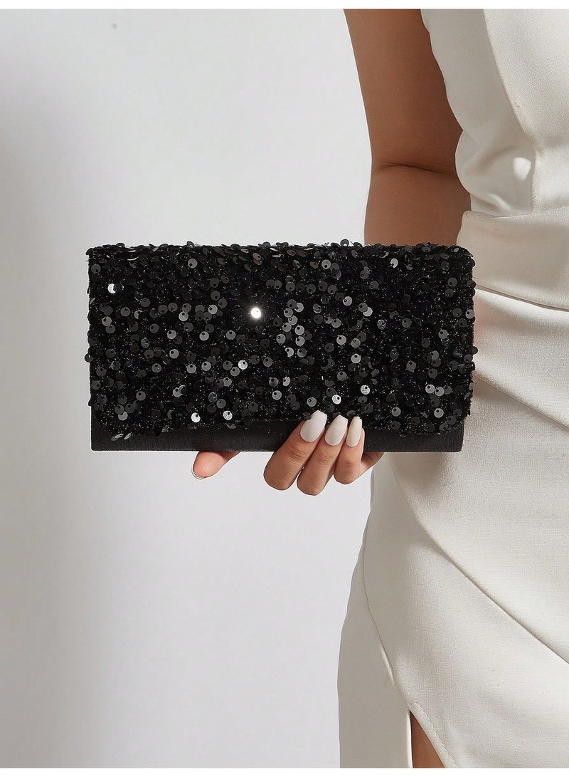 Women Black Sequin Evening Clutch Bag, Sparkly Party Handbag With Detachable Chain, Wedding Banquet Formal Purse - Image 1