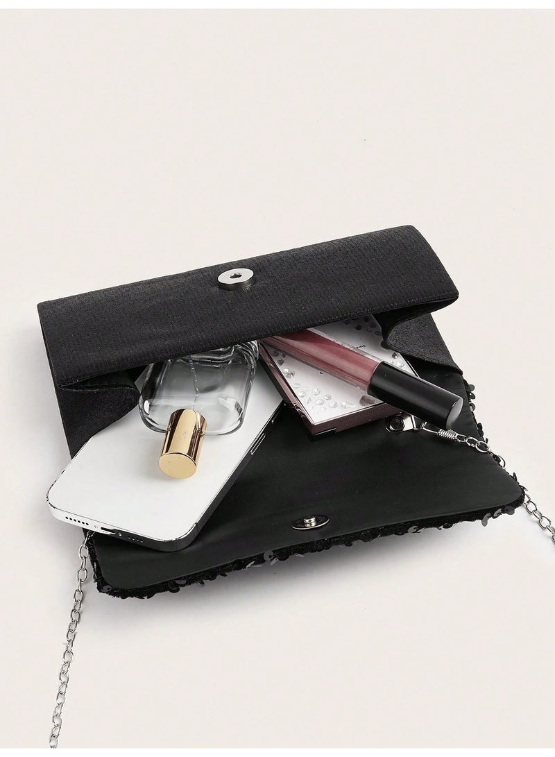 Women Black Sequin Evening Clutch Bag, Sparkly Party Handbag With Detachable Chain, Wedding Banquet Formal Purse - Image 4