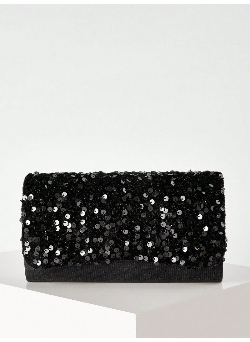 Women Black Sequin Evening Clutch Bag, Sparkly Party Handbag With Detachable Chain, Wedding Banquet Formal Purse - Image 2