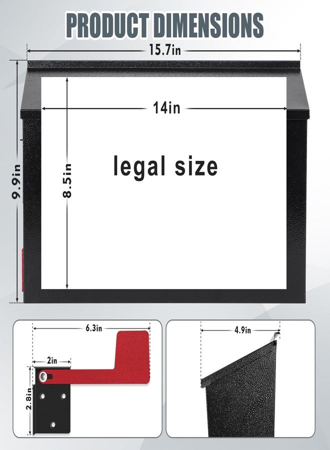 KYODOLED صناديق بريد خارجية مثبتة على الحائط من KYODOLED مع ملصقات علم ورقم، صندوق بريد معدني مجلفن مقاوم للصدأ، صندوق بريد كبير السعة للمنزل، 15.7 بوصة × 9.9 بوصة × 4.9 بوصة، أسود - Image 2