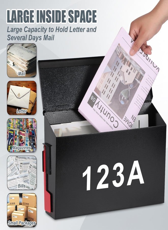 KYODOLED صناديق بريد خارجية مثبتة على الحائط من KYODOLED مع ملصقات علم ورقم، صندوق بريد معدني مجلفن مقاوم للصدأ، صندوق بريد كبير السعة للمنزل، 15.7 بوصة × 9.9 بوصة × 4.9 بوصة، أسود - Image 3