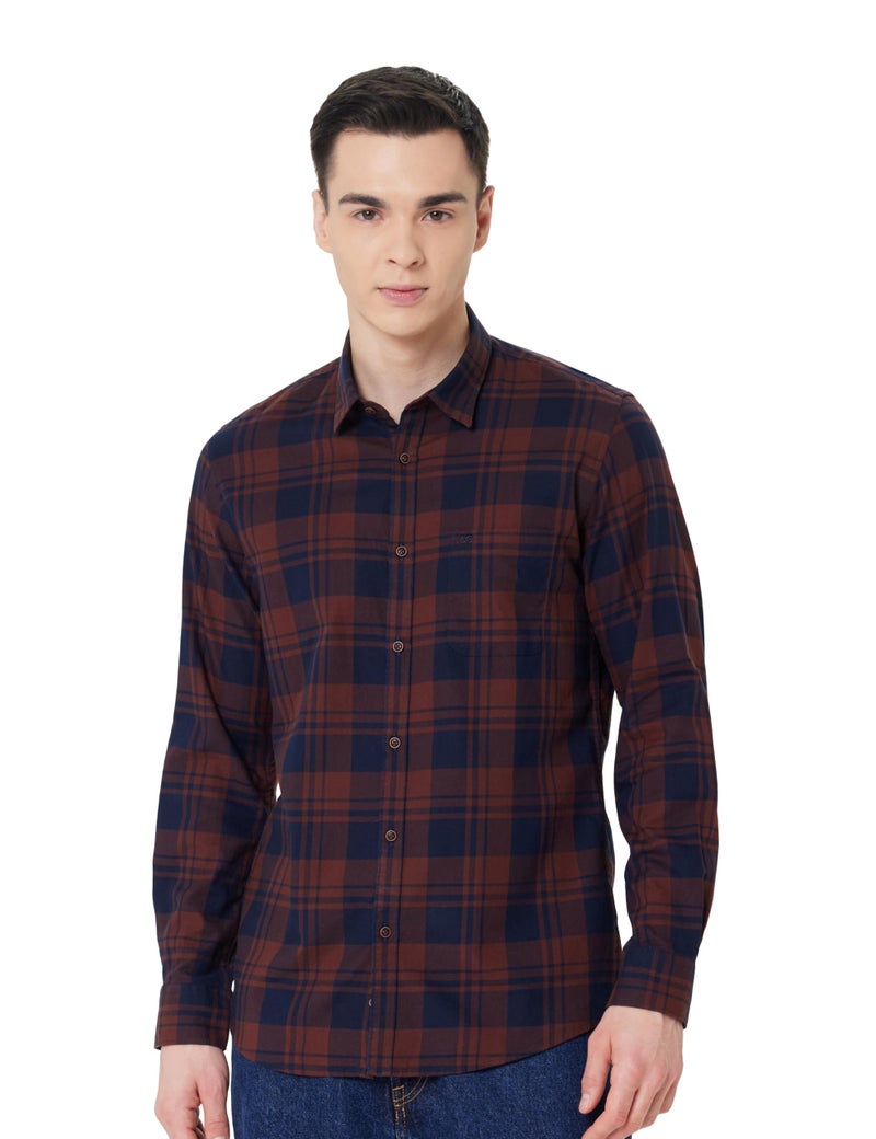 Peter England Men Brown Slim Fit Check Full Sleeves Casual Shirt - Image 1