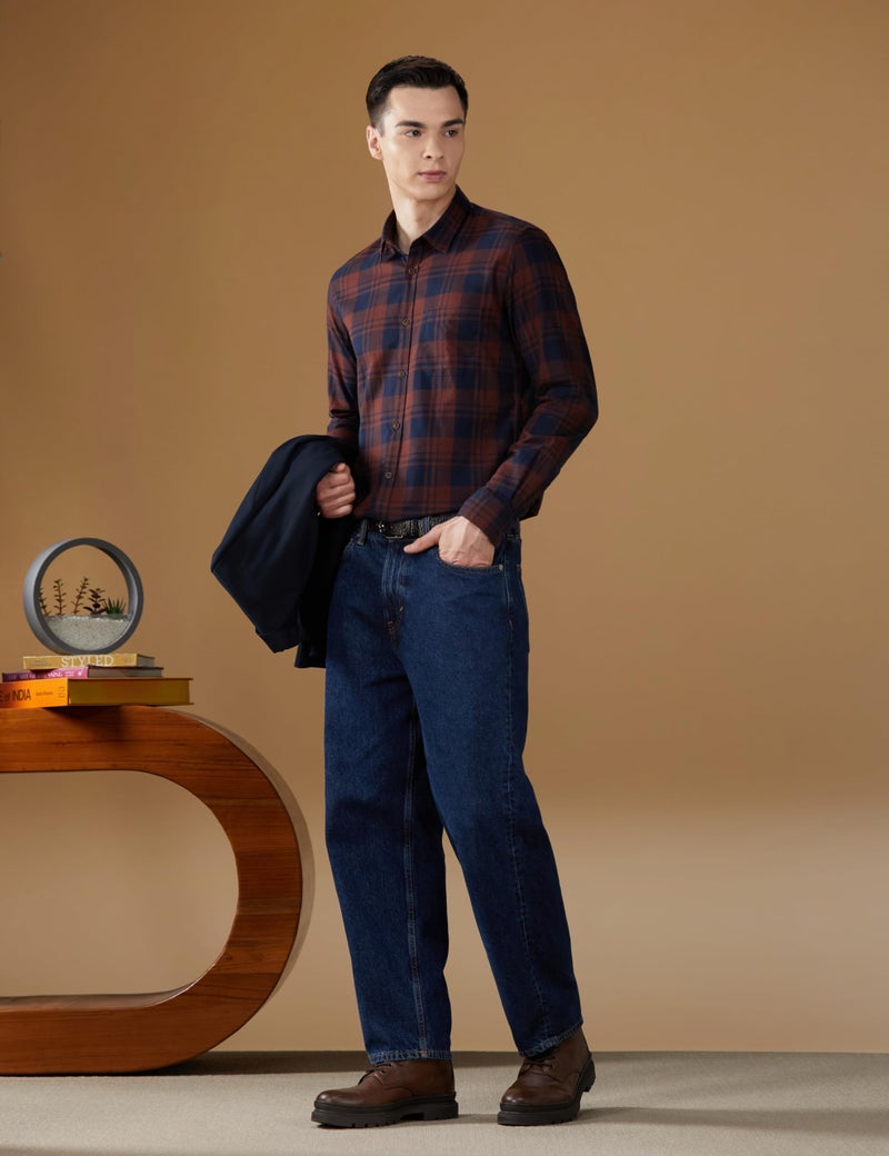 Peter England Men Brown Slim Fit Check Full Sleeves Casual Shirt - Image 2