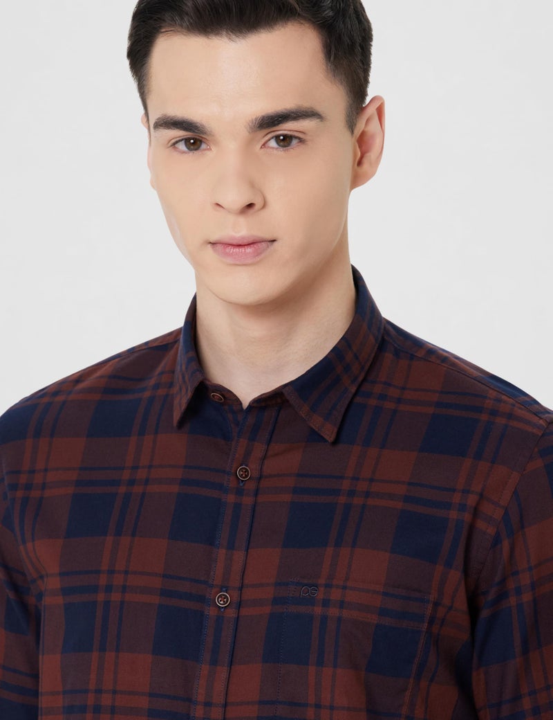 Peter England Men Brown Slim Fit Check Full Sleeves Casual Shirt - Image 4