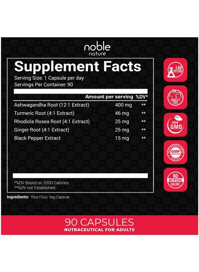 noble nature مكمل أشواغاندا مع الكركم، روديولا روزيا، جذر الزنجبيل، ومستخلص الفلفل الأسود - 90 كبسولة نباتية - Image 2
