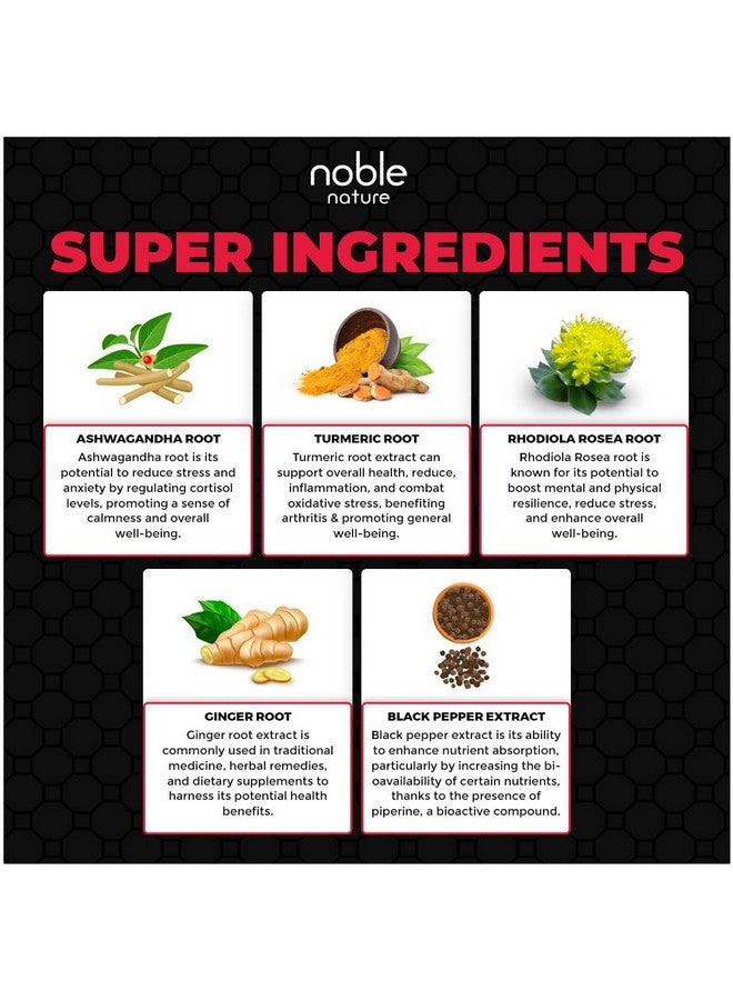 noble nature مكمل أشواغاندا مع الكركم، روديولا روزيا، جذر الزنجبيل، ومستخلص الفلفل الأسود - 90 كبسولة نباتية - Image 5