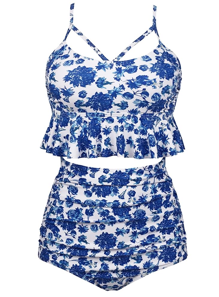 COCOSHIP Womenâ€™s Retro Falbala High Waist Bikini Set â€“ Porcelain Blue Floral Print, Crisscross Hollow Out Two Piece Swimsuit XL(US10-12) - Image 1
