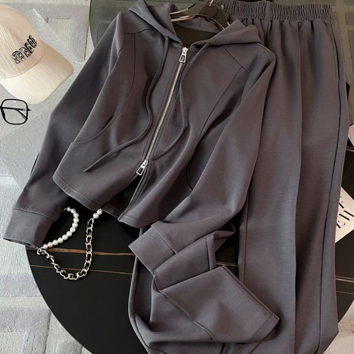 Autumn and Winter Slimming Mint Mambo Style suit Street Womens Hooded Sweatshirt High Waist Wide Leg Pants Casual Two-piece Set for Women Gray*889 - Image 1