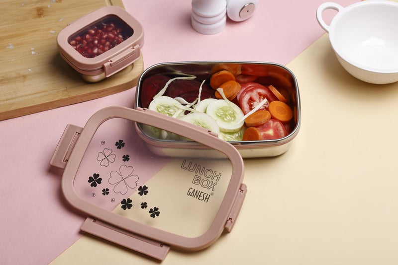 Ganesh Alpha Juinor Stainless Steel Insulated Lunch Box for School & Office, Airtight Leak-Proof, Unbreakable Lid, Snacks Tiffin Box - (650ml 1pc + 140ml 1 Pc) -Pink - Image 2