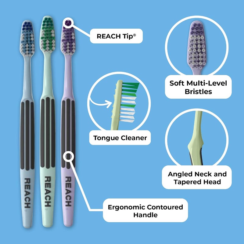 REACH Advanced Design Toothbrush with Toothbrush Cap, Angled Neck, Soft Bi-Level Bristles, Contoured Handle, Tongue Scraper, 6 Count - Image 1