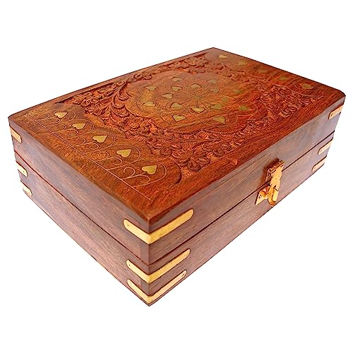ITOS365 Jewellery Box for Women Wooden Brass Work Flower Carved Design Handmade Gift, 8 Inches - Image 2