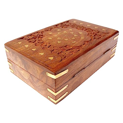 ITOS365 Jewellery Box for Women Wooden Brass Work Flower Carved Design Handmade Gift, 8 Inches - Image 4