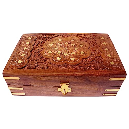 ITOS365 Jewellery Box for Women Wooden Brass Work Flower Carved Design Handmade Gift, 8 Inches - Image 1