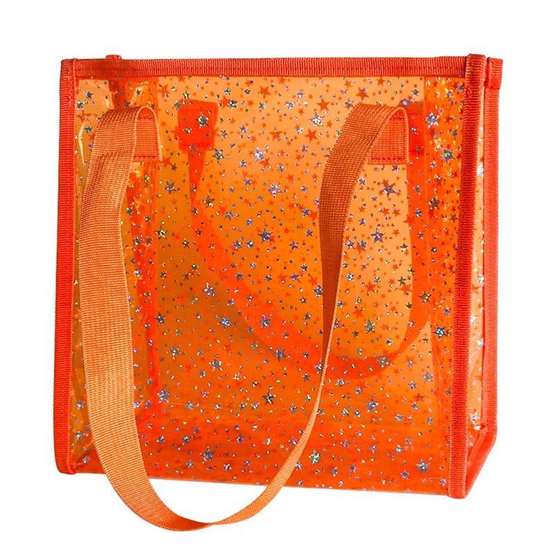 TotePrint Transparent Tote Bag with Stars Pattern Print, Large Capacity Shopping Bag, Reusable Bag 10 x 9.8Ã—3.9 inches (Orange with stars) - Image 1