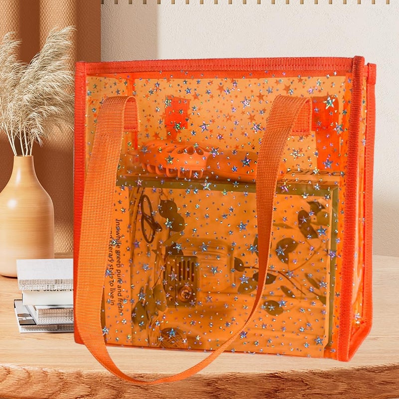 TotePrint Transparent Tote Bag with Stars Pattern Print, Large Capacity Shopping Bag, Reusable Bag 10 x 9.8Ã—3.9 inches (Orange with stars) - Image 3