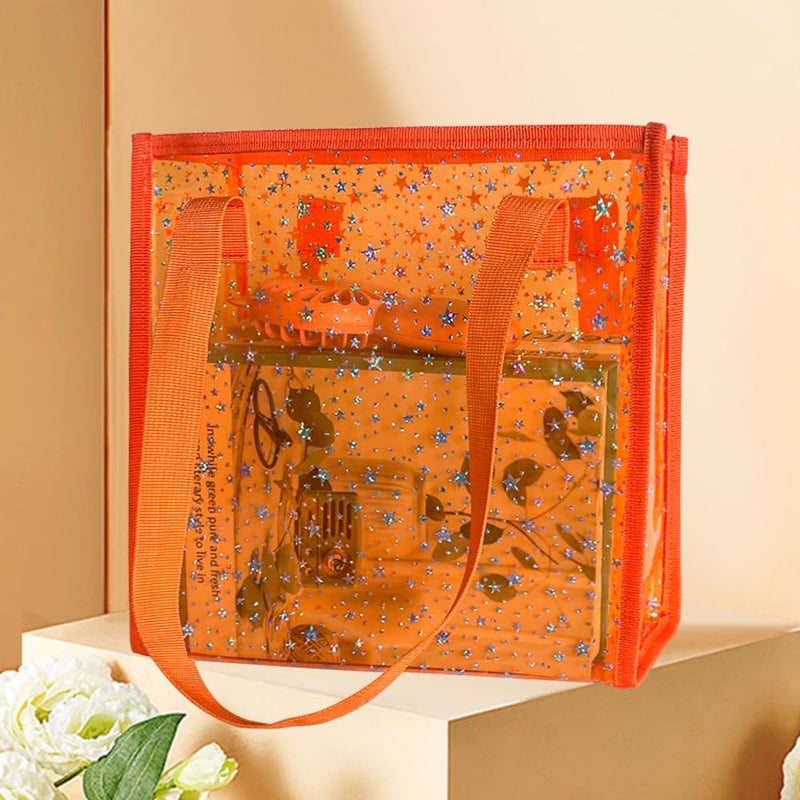 TotePrint Transparent Tote Bag with Stars Pattern Print, Large Capacity Shopping Bag, Reusable Bag 10 x 9.8Ã—3.9 inches (Orange with stars) - Image 2