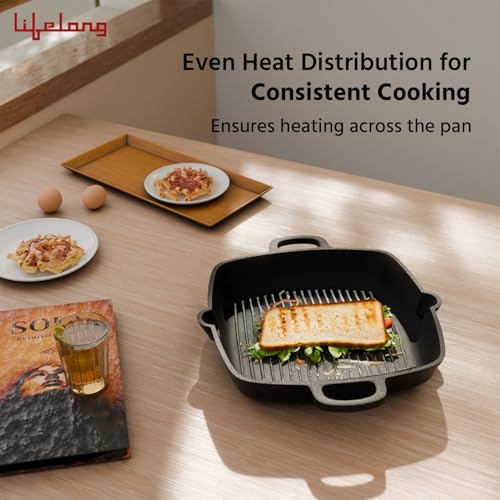 Lifelong Cast Iron Grill Pan 260mm with Wooden Spatula | 2L, 3kg | Pre-Seasoned with Even Heat Distribution, Toxin & Teflon Free, Non-Stick, & Durable | Pan for Fish, Omelettes & Veggies - Image 4