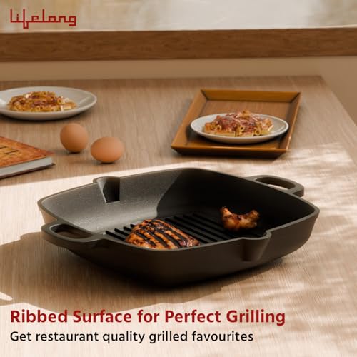 Lifelong Cast Iron Grill Pan 260mm with Wooden Spatula | 2L, 3kg | Pre-Seasoned with Even Heat Distribution, Toxin & Teflon Free, Non-Stick, & Durable | Pan for Fish, Omelettes & Veggies - Image 3