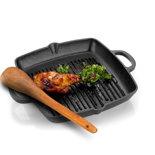 Lifelong Cast Iron Grill Pan 260mm with Wooden Spatula | 2L, 3kg | Pre-Seasoned with Even Heat Distribution, Toxin & Teflon Free, Non-Stick, & Durable | Pan for Fish, Omelettes & Veggies - Image 1