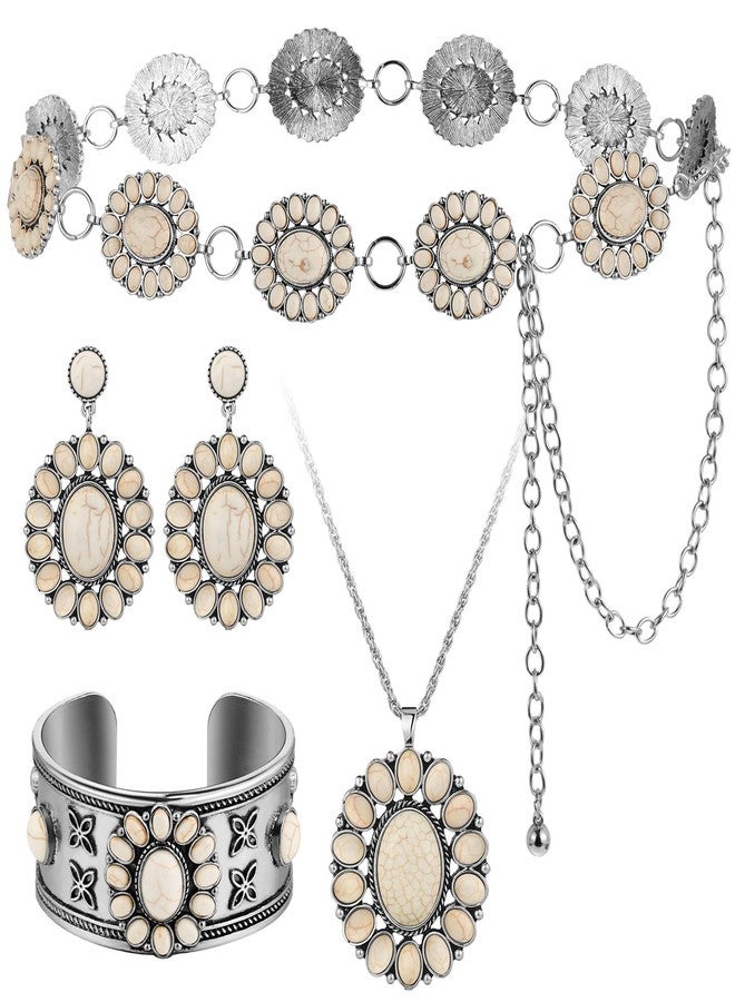 Tondiamo 4 Pcs Western Jewelry Set for Women - Concho Turquoise Set with Flower Necklace, Earrings, Cuff Bracelet & Concho Chain Belt for Dresses (White) - Image 1