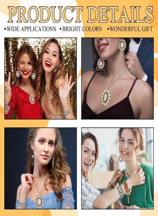 Tondiamo 4 Pcs Western Jewelry Set for Women - Concho Turquoise Set with Flower Necklace, Earrings, Cuff Bracelet & Concho Chain Belt for Dresses (White) - Image 4