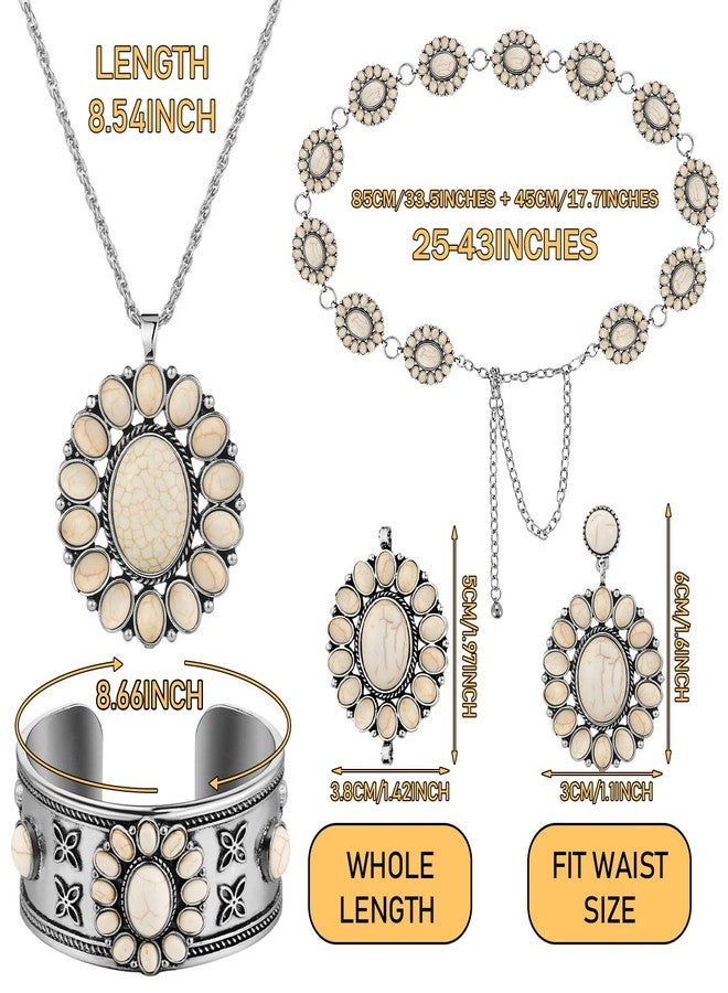 Tondiamo 4 Pcs Western Jewelry Set for Women - Concho Turquoise Set with Flower Necklace, Earrings, Cuff Bracelet & Concho Chain Belt for Dresses (White) - Image 2