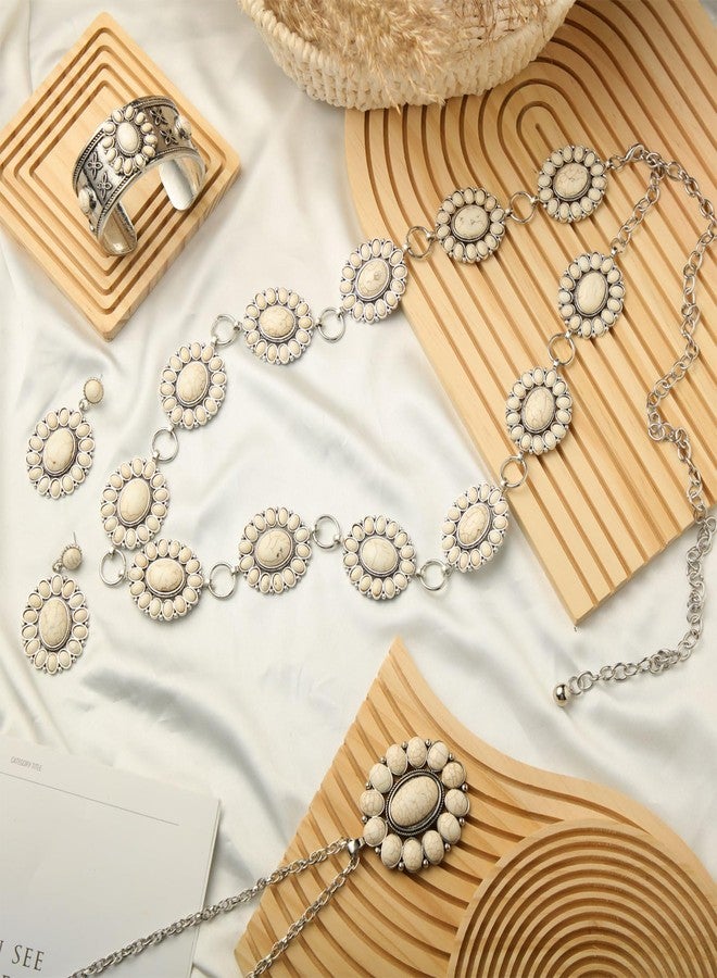 Tondiamo 4 Pcs Western Jewelry Set for Women - Concho Turquoise Set with Flower Necklace, Earrings, Cuff Bracelet & Concho Chain Belt for Dresses (White) - Image 3