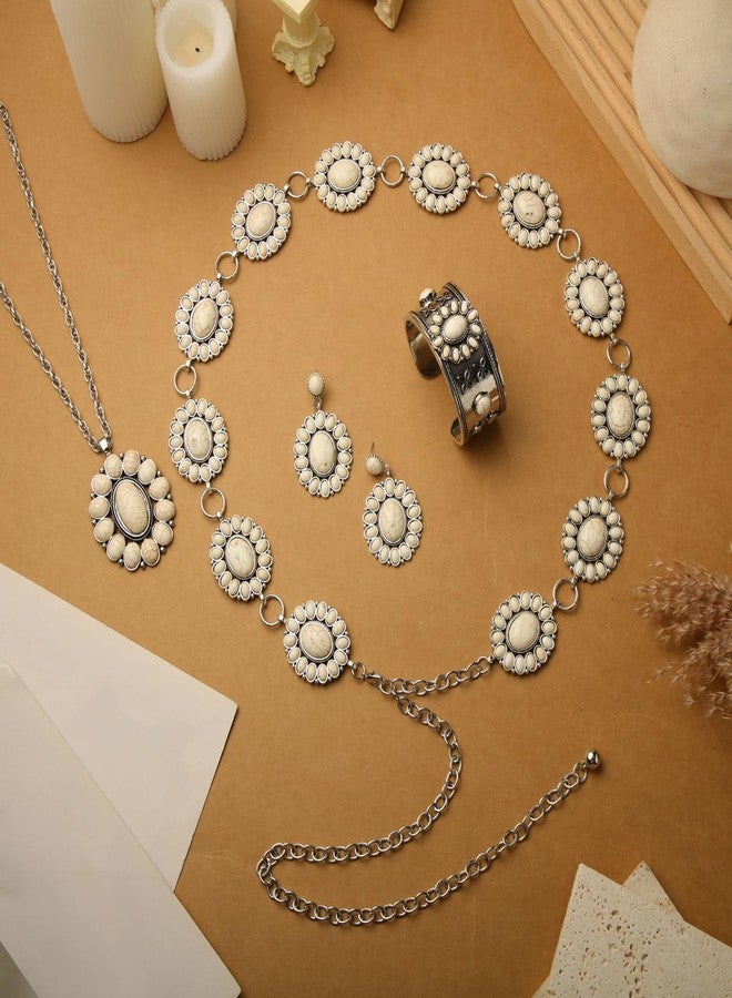 Tondiamo 4 Pcs Western Jewelry Set for Women - Concho Turquoise Set with Flower Necklace, Earrings, Cuff Bracelet & Concho Chain Belt for Dresses (White) - Image 5
