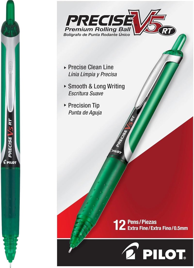 PILOT Precise V5 RT Refillable & Retractable Rollerball Pens, Extra Fine Point Pens 0.5 mm, Green, Pack of 12 - Ideal for School, Journaling & Office Writing - Image 1