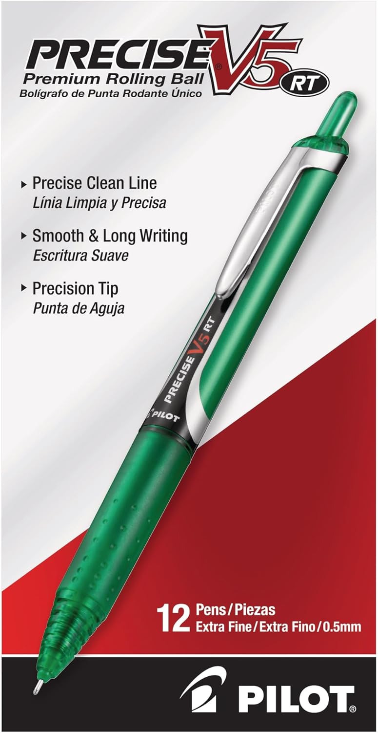 PILOT Precise V5 RT Refillable & Retractable Rollerball Pens, Extra Fine Point Pens 0.5 mm, Green, Pack of 12 - Ideal for School, Journaling & Office Writing - Image 3