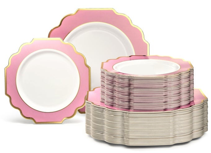 OCCASIONS 120 PLATES PACK60 GUESTS HEAVYWEIGHT PREMIUM WEDDING PARTY DISPOSABLE PLASTIC PLATES SET 60 X 105 DINNER 60 X 8 SALADDESSERTIMPERIAL IN LIGHT PINK GOLD