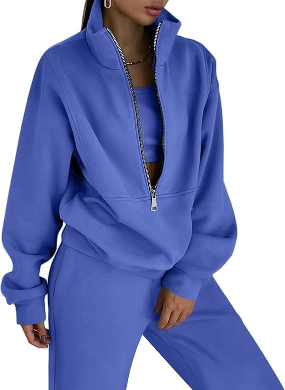 Eisctnd Womens Fleece 2 Piece Sweatsuit Lounge Set Long Sleeve Sweatshirt Jogger Pants Tracksuit Sweatsuit 2025 Fall Sets(Blue-XXL) - Image 1