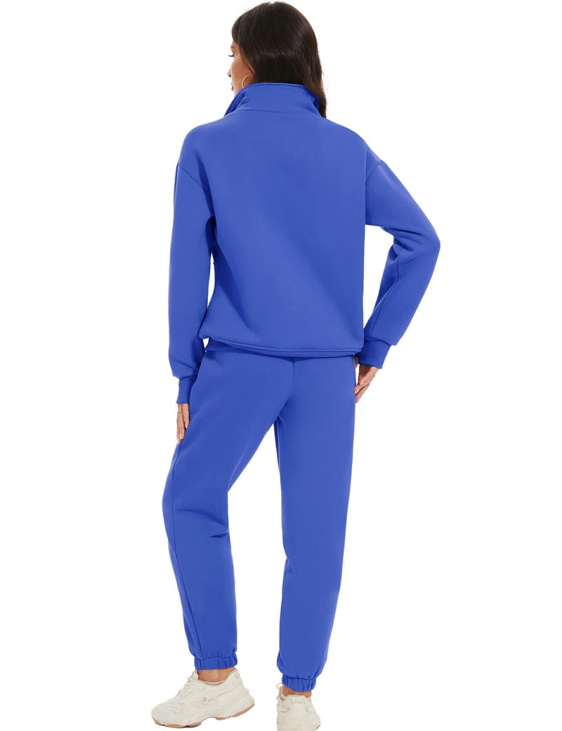 Eisctnd Womens Fleece 2 Piece Sweatsuit Lounge Set Long Sleeve Sweatshirt Jogger Pants Tracksuit Sweatsuit 2025 Fall Sets(Blue-XXL) - Image 4