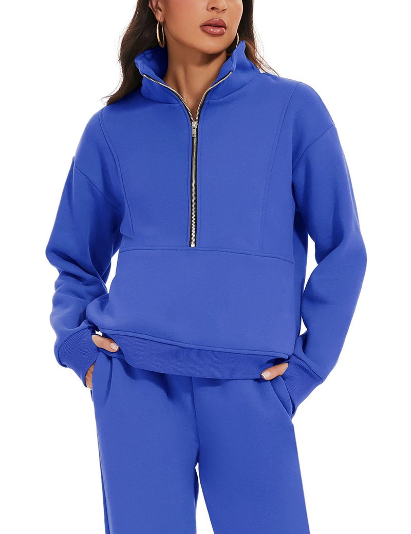 Eisctnd Womens Fleece 2 Piece Sweatsuit Lounge Set Long Sleeve Sweatshirt Jogger Pants Tracksuit Sweatsuit 2025 Fall Sets(Blue-XXL) - Image 2