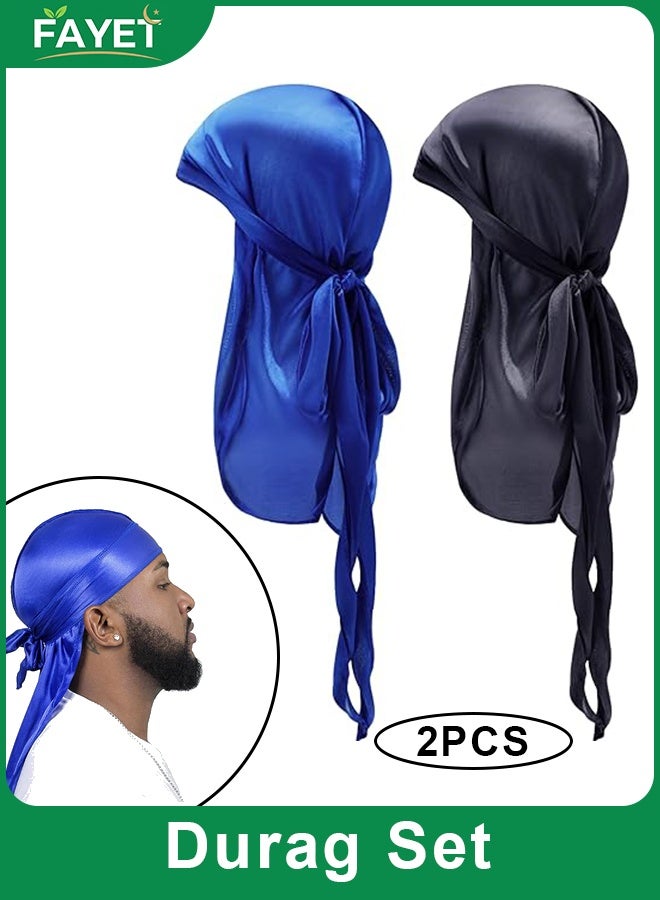 FAYET 2 Pieces Silky Velvet Durag Set, Soft Satin Wave Caps with Long Tails and Wide Straps for Boys and Girls, Perfect for 360 Waves and Everyday Style (Black & Blue) - Image 1