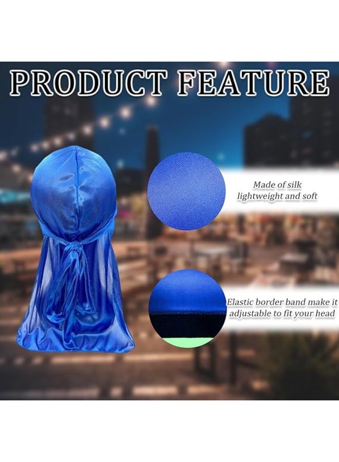 FAYET 2 Pieces Silky Velvet Durag Set, Soft Satin Wave Caps with Long Tails and Wide Straps for Boys and Girls, Perfect for 360 Waves and Everyday Style (Black & Blue) - Image 2