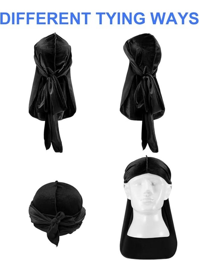 FAYET 2 Pieces Silky Velvet Durag Set, Soft Satin Wave Caps with Long Tails and Wide Straps for Boys and Girls, Perfect for 360 Waves and Everyday Style (Black & Blue) - Image 4