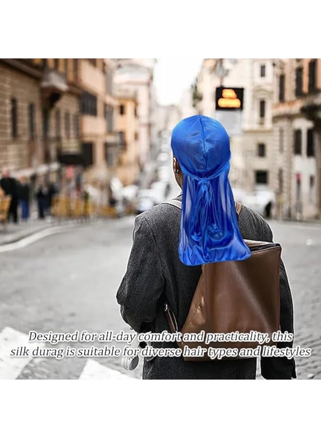 FAYET 2 Pieces Silky Velvet Durag Set, Soft Satin Wave Caps with Long Tails and Wide Straps for Boys and Girls, Perfect for 360 Waves and Everyday Style (Black & Blue) - Image 5