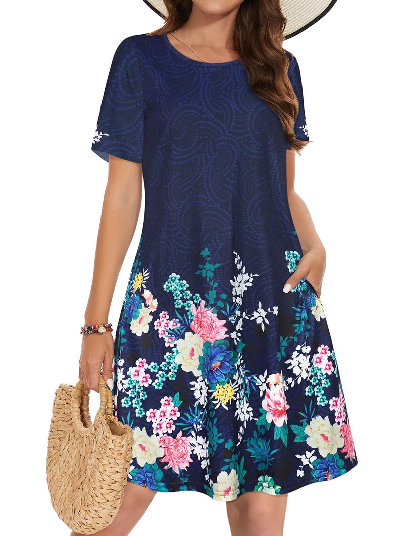 elescat Sundresses for Women Casual Beach Pockets Sleeve Floral Cotton Plus Size T Shirt Dress (Blue Flower,XL) - Image 1