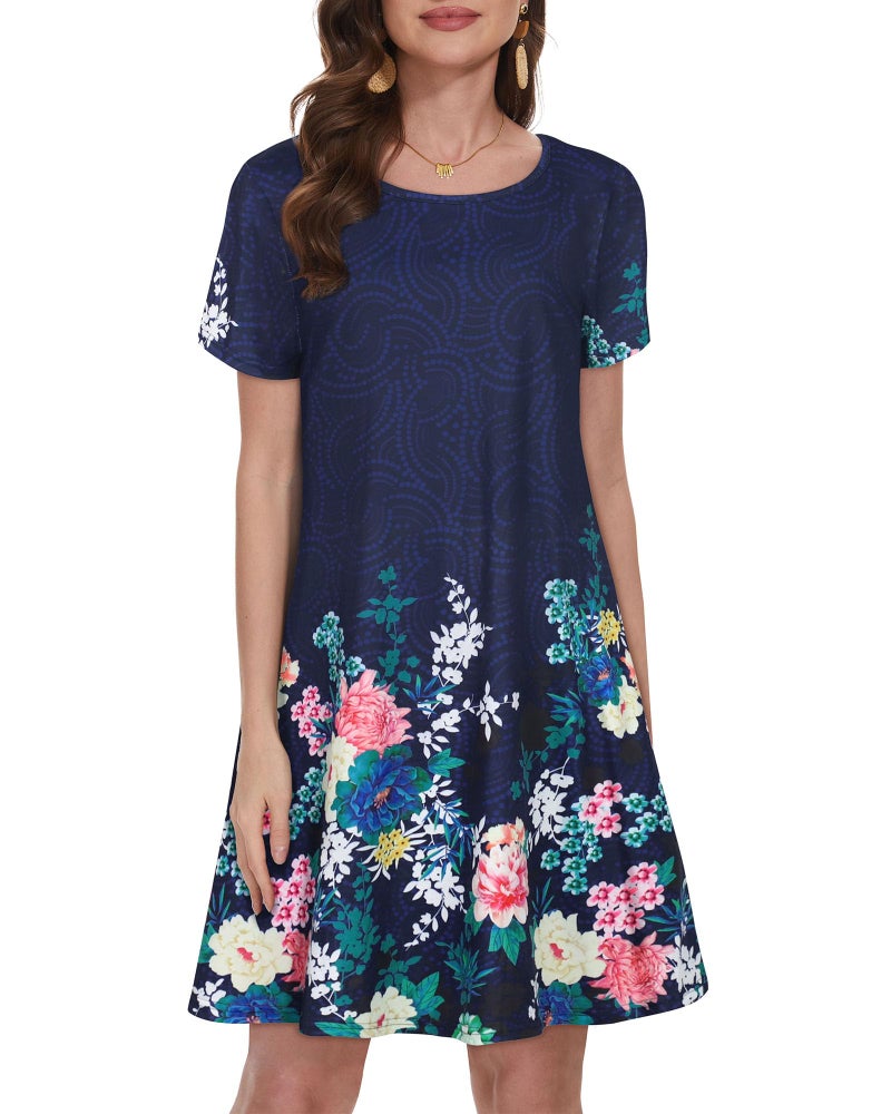 elescat Sundresses for Women Casual Beach Pockets Sleeve Floral Cotton Plus Size T Shirt Dress (Blue Flower,XL) - Image 4