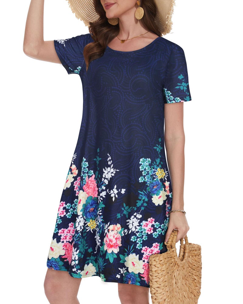 elescat Sundresses for Women Casual Beach Pockets Sleeve Floral Cotton Plus Size T Shirt Dress (Blue Flower,XL) - Image 3